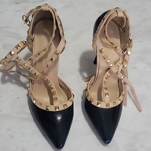 Wild Diva Black and Blush Studded Pointed Toe Heels